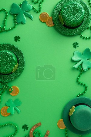 Photo for St. Patrick's Day ensemble: vertical top view of leprechaun's hats, lucky horseshoe, gold coins, trefoils, confetti, and beads on a vibrant green background - Royalty Free Image