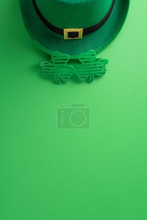 Photo for St. Paddy's charm in one shot: vertical top view of leprechaun's hat, and themed party glasses on a green surface with space for advertising - Royalty Free Image