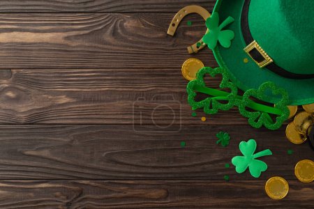 Photo for Elevated St. Patrick's Day scene: top view leprechaun's hat, party glasses, lucky horseshoe, gold coins, shamrocks, confetti on a wooden table canvas. Perfect for promotions - Royalty Free Image