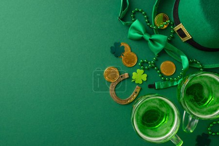 Photo for Raise a cheer at the pub this St. Paddy's: top view of two glasses of beer, leprechaun's hat, lucky horseshoe, bow tie, gold coins, trefoils, beads on vibrant green. Your festive messages belong here - Royalty Free Image