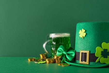 Photo for St. Patrick's Day theme. A side view photo displaying beer mug, green shamrocks, scattered gold coins, bow tie, a leprechaun hat, beads decor, all set against a verdant background - Royalty Free Image