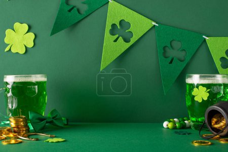 Photo for Leprechaun day motif: side view photo of beer vessels, shamrock plants, gold currency, pot of fortune, lucky horseshoe, beads, and flag ribbon on a verdant field - Royalty Free Image
