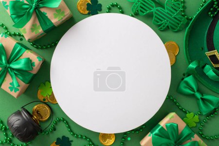 Photo for Charming St. Patrick's scene from overhead, with shamrocks, hat, blessing coins, surprise boxes, and more, arranged on a green background, leaving circular space for copy - Royalty Free Image