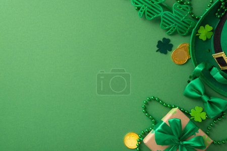 Photo for St. Patrick's day enchantment captured top-view, featuring clover leaves, fairy tale hat, golden tokens, present, jubilee eyewear, bow necktie, and confetti, on green stage, with empty space for text - Royalty Free Image