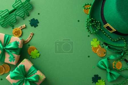 Photo for St. Patrick's day fairy-tale arrangement from top view, showcasing shamrocks, enchanted cap, coins, gift boxes, glasses, tie, prosperity horseshoe, jewelry, set on green backdrop, with place for words - Royalty Free Image
