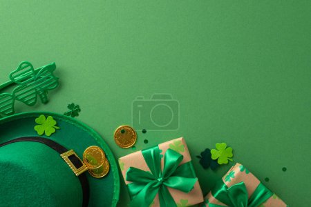 Photo for Captivating St. Patrick's overhead composition, featuring shamrocks, magician's hat, treasure coins, festivity boxes, spectacle glasses, confetti, placed on green surface, with space for inscription - Royalty Free Image