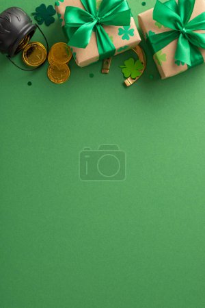 Photo for Overhead vertical snapshot of St. Patrick's fantasy, including clovers, magic pot with lucky coins, gift containers, fortune horseshoe, decorative sparkles, on a verdant field, with a text slot - Royalty Free Image