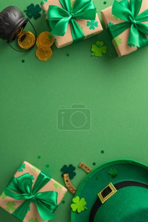 Photo for St. Patrick's day whimsy top view vertical scene, with shamrocks, elfin hat, gold coins, surprise parcels, lucky horseshoe, and glitter, arranged on a lush background, leaving space for text - Royalty Free Image