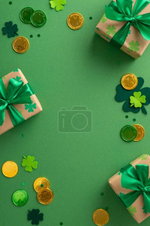 Photo for St. Patrick's day vertical magical display from top view, with shamrocks, gold coins, festooned boxes, and confetti, arranged on a green tableau, with space for copy - Royalty Free Image