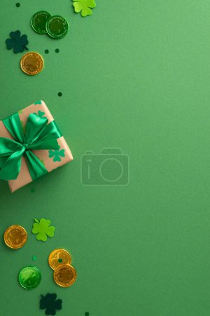 Photo for Dreamy St. Patrick's vertical display captured from top view, with shamrocks, gold pieces, surprise box, and confetti over a green background, space for text or promo - Royalty Free Image