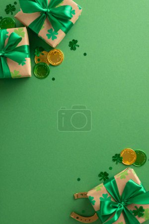 Photo for St. Patrick's thematic vertical overhead concept with shamrocks, lucky coins, gift containers, a horseshoe, and confetti spread on a green area, leaving space for text - Royalty Free Image
