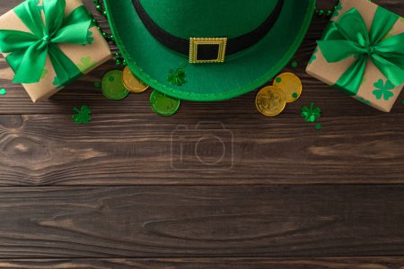 Photo for Charming St. Patrick's theme layout from top view, displaying green clovers, fairy hat, lucky coins, wrapped gifts, garlands, confetti, organized on wooden setting, with space for messaging or adverts - Royalty Free Image