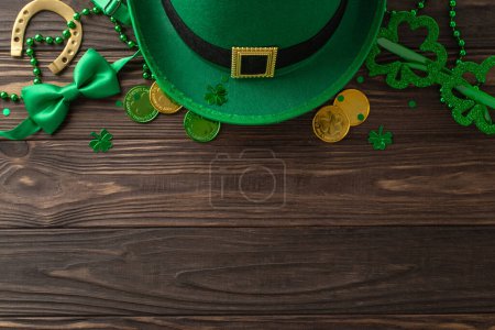 Photo for Enchanting St. Patrick's day top view composition, displaying clovers, elf's cap, treasure coins, celebration spectacles, bow tie, horseshoe, strands arranged on wooden backdrop with space for wording - Royalty Free Image