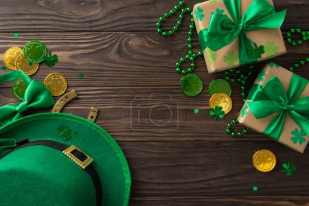 Photo for Festive St. Patrick's theme arrangement overhead, highlighting shamrocks, gnome hat, riches coins, presents, bowtie, lucky horseshoe, chains, glitter, laid out on wooden surface, space for promotions - Royalty Free Image