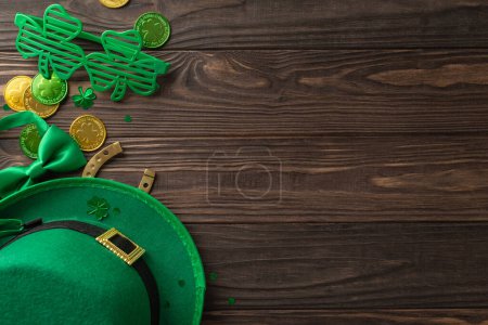 Photo for Lively St. Patrick's montage from a top view, showing shamrocks, fairy tale hat, coins, gala spectacles, a cravat, blessing horseshoe, and glitter, on a wood veneer, with a spot for text or marketing - Royalty Free Image