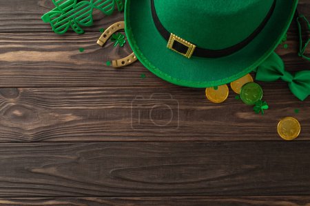 Photo for Imaginative St. Patrick's view from top, with shamrocks, folklore hat, bullion coins, goodies, novelty eyepieces, bowtie, good luck horseshoe, adornments, wooden canvas, leaving margin for text - Royalty Free Image