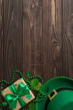 Photo for Whimsical St. Patrick's display from vertical top view, including shamrocks, pixie's hat, lucky coins, boxed surprises, bead garlands, and confetti, on a green canvas, with a spot for message - Royalty Free Image