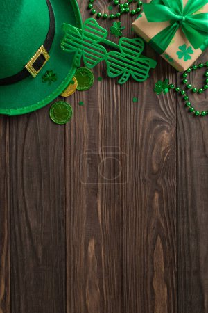 Photo for Charming St. Patrick's vertical top view arrangement, presenting shamrocks, fairy hat, lucky coins, surprise, fun eyewear, festive beads, confetti on a wood setting, with a spot for text or promotion - Royalty Free Image