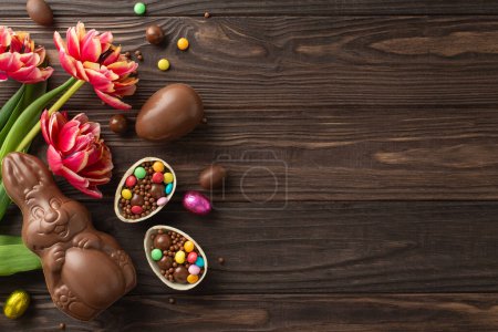 Festive Easter scene: Top view of shattered chocolate shells revealing bright sweets, alongside a chocolate hare and fresh tulips on a timber surface, space for copy