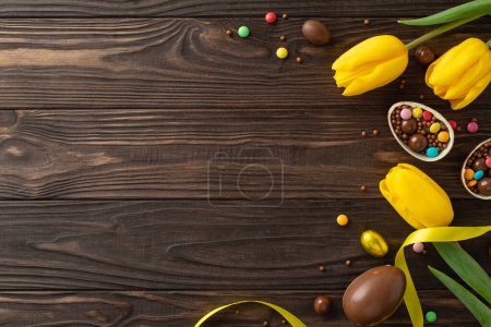 Sweet Easter moments concept. View from top of chocolate eggs opened up to reveal colorful sweets, and blooming yellow tulips on a wood surface, with space for messages or ads