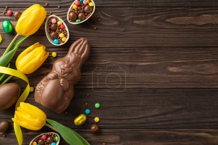 Happy Easter arrangement: Top-down view of chocolate eggs cracked open to colorful candies, accompanied by a chocolate rabbit and fresh yellow tulips, on a wooden background, with area for text