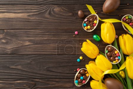 Charming Easter presentation: Top view capturing split open chocolate eggs brimming with multicolored sweets, alongside bunch of yellow tulips, set on a wooden surface with space for copy