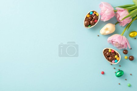 Festive Easter set vision. Top view image of broken chocolate eggs, brimming with vibrant candies, a chocolate bunny, sprinkles, and tulips on a pastel blue surface, with empty space for messaging
