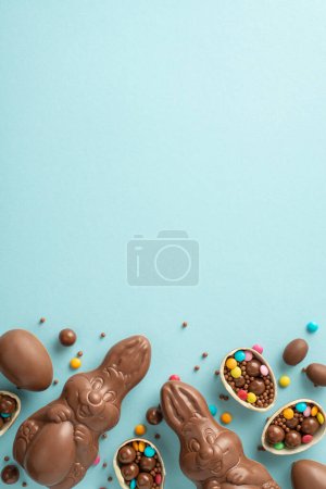 Radiant Easter series concept. Top view vertical snapshot of chocolate eggs split open, spilling colorful candies, chocolate bunnies, sprinkles on pastel blue surface, with space for text or advert