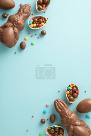 Joyful Easter selection motif. Directly overhead vertical shot of chocolate eggs cracked open, revealing colorful candies, a chocolate bunnies, sprinkles on a pastel blue ground, with space for text