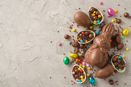 Delightful Easter assortment showcased from top view: Broken chocolate shells revealing vibrant candies, alongside a chocolate rabbit on a grey concrete backdrop, space for text