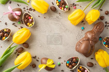 Modern Easter treat compilation. Top-view of chocolate eggs with ribbons, overflowing with colorful confectioneries, chocolate hare, tulips, arranged on textured grey background with space for wording