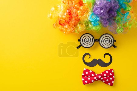 Concepto de broma del 1 de abril: vista superior de fondo amarillo brillante con una peluca de payaso, gafas de novedad, pajarita y bigote, imitando una cara, espacio para el mensaje