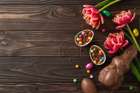 Happy Easter concept. Overhead view capturing broken chocolate eggs, teeming with multicolored sweets, accompanied by a chocolate bunny and tulips on a wooden background, with area for copy or adverts
