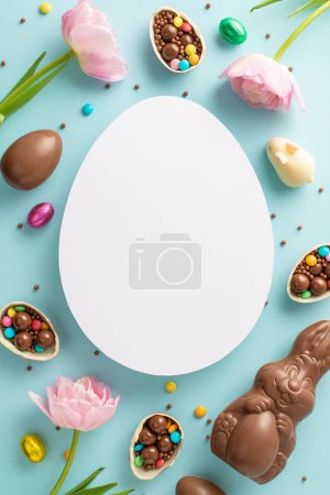 Stylish Easter candy collection. Top view vertical shot shows chocolate eggs broken open with colorful candies, sweets, and tulips on a pastel blue background, with an egg-form space for notes