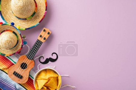 Celebration of Cinco de Mayo. Top view showcasing traditional symbols: hats, vihuela, vibrant serape, and nachos, all arranged on a pastel purple surface for text