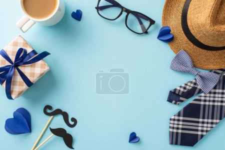 A thoughtful Father's Day gift setup with a bow tie, hat, coffee, and glasses, perfect for celebrating dad's special day