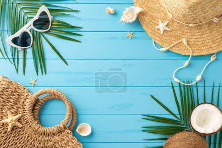 A vibrant and inviting flat lay of summer holiday items including a straw hat, sunglasses, and tropical elements on a blue wooden surface, evoking the joy of beach vacations
