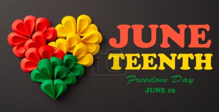 From top view, a collection of small paper hearts arranged into a large heart shape in Juneteenth's symbolic colors - red, green, yellow against a black background, offering space for social text