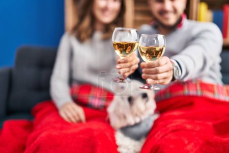 Photo for Man and woman toasting with champagne sitting on sofa with dog at home - Royalty Free Image