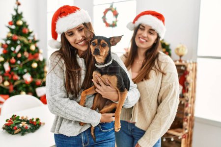 Téléchargez les photos : Deux femmes souriant chien câlin confiant debout près de l'arbre de Noël à la maison - en image libre de droit