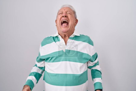 Téléchargez les photos : Homme âgé avec les cheveux gris debout sur fond blanc en colère et fou hurlant frustré et furieux, criant de colère. rage et concept agressif. - en image libre de droit