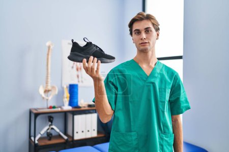 Photo for Young man working at physiotherapy clinic holding shoe thinking attitude and sober expression looking self confident - Royalty Free Image
