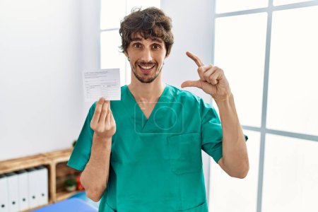 Photo for Young hispanic doctor man holding covid record card smiling and confident gesturing with hand doing small size sign with fingers looking and the camera. measure concept. - Royalty Free Image