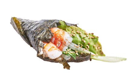 Photo for Single delicious prawn and avocado temaki sushi with sesame over isolated white background - Royalty Free Image