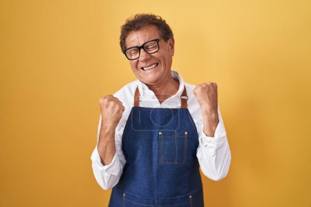 Téléchargez les photos : Middle age hispanic man wearing professional cook apron very happy and excited doing winner gesture with arms raised, smiling and screaming for success. celebration concept. - en image libre de droit