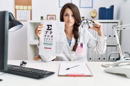 Foto de Mujer doctora joven sosteniendo gafas de optometría y prueba de vista en la clínica escéptica y nerviosa, frunciendo el ceño molesto debido a un problema. persona negativa. - Imagen libre de derechos