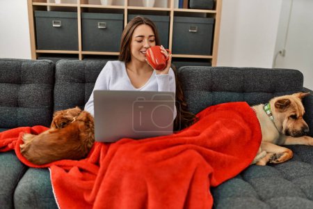Young hispanic woman using laptop and drinking coffee sitting on sofa with dogs at home