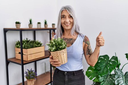 Téléchargez les photos : Femme aux cheveux gris du moyen âge tenant le pot de plante verte à la maison faisant un geste heureux les pouces levés avec la main. approuvant l'expression regardant la caméra montrant le succès. - en image libre de droit