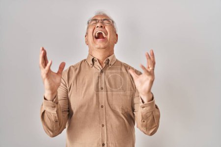 Photo for Hispanic senior man wearing glasses celebrating mad and crazy for success with arms raised and closed eyes screaming excited. winner concept - Royalty Free Image