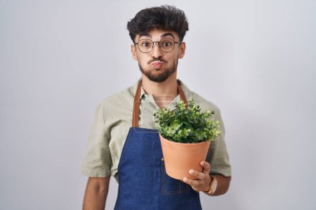 Photo for Arab man with beard holding green plant pot puffing cheeks with funny face. mouth inflated with air, crazy expression. - Royalty Free Image